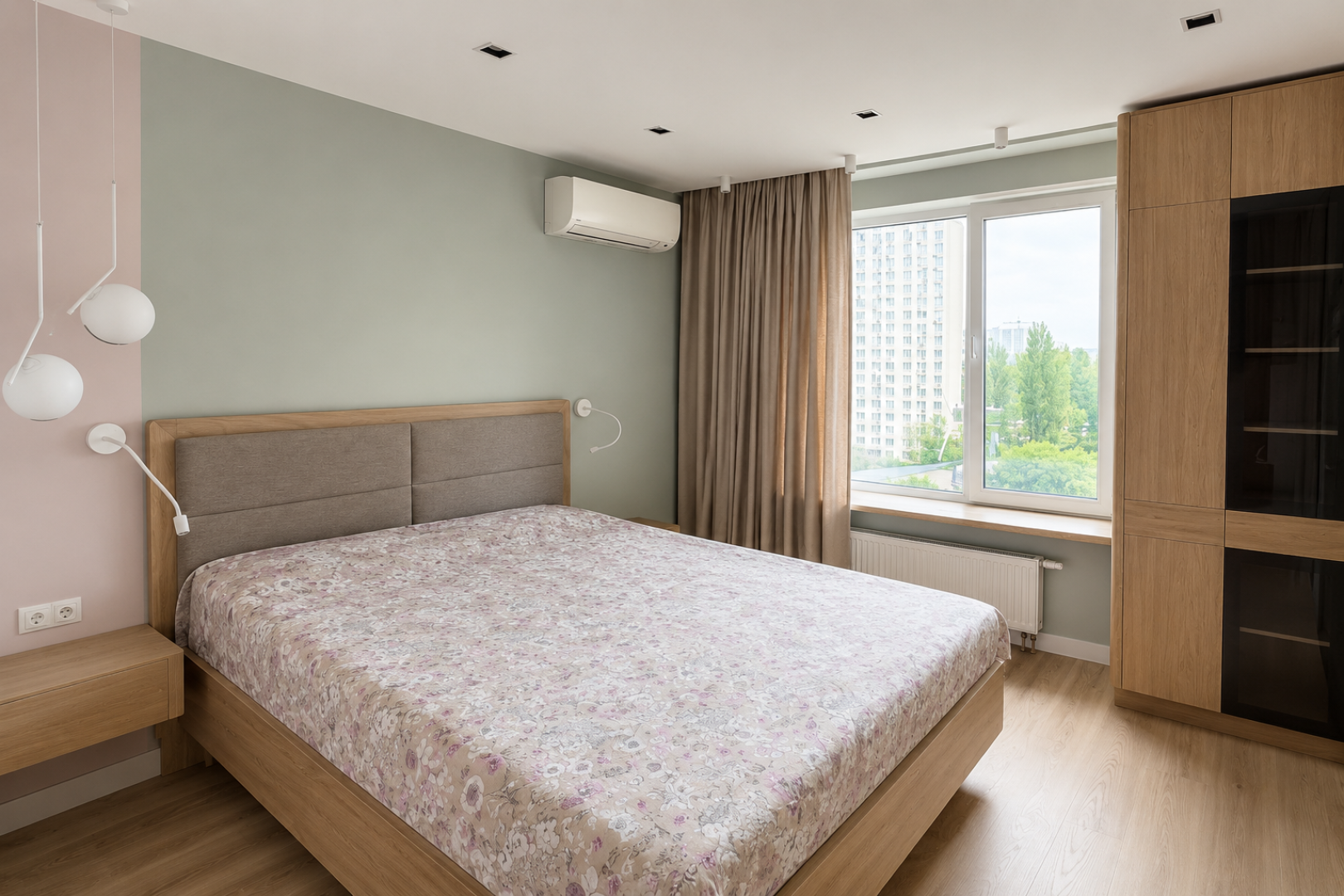 Bed with hanging bedside tables and display cabinet