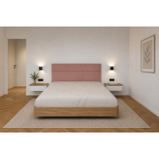 A bed with hanging cabinets