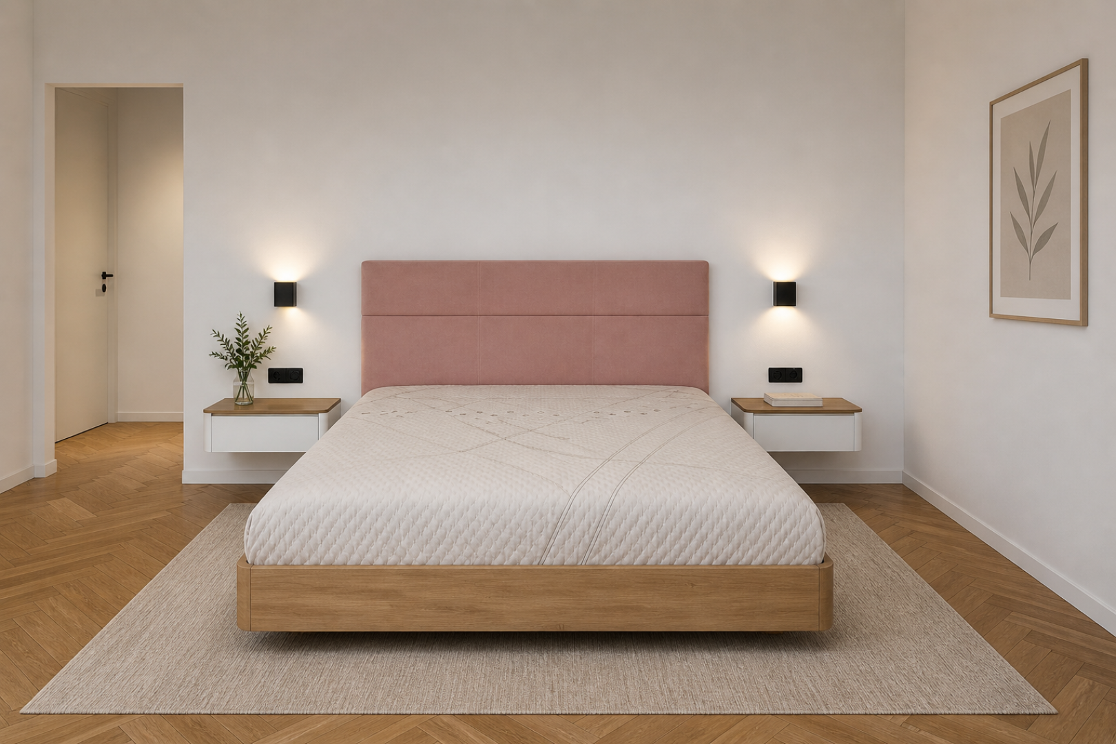 A bed with hanging cabinets