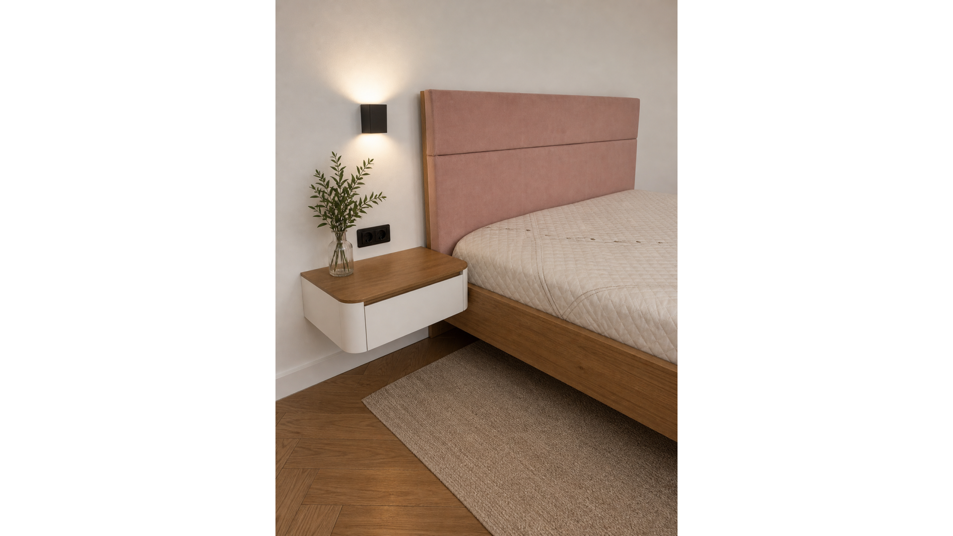 A bed with hanging cabinets