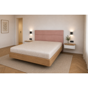 A bed with hanging cabinets