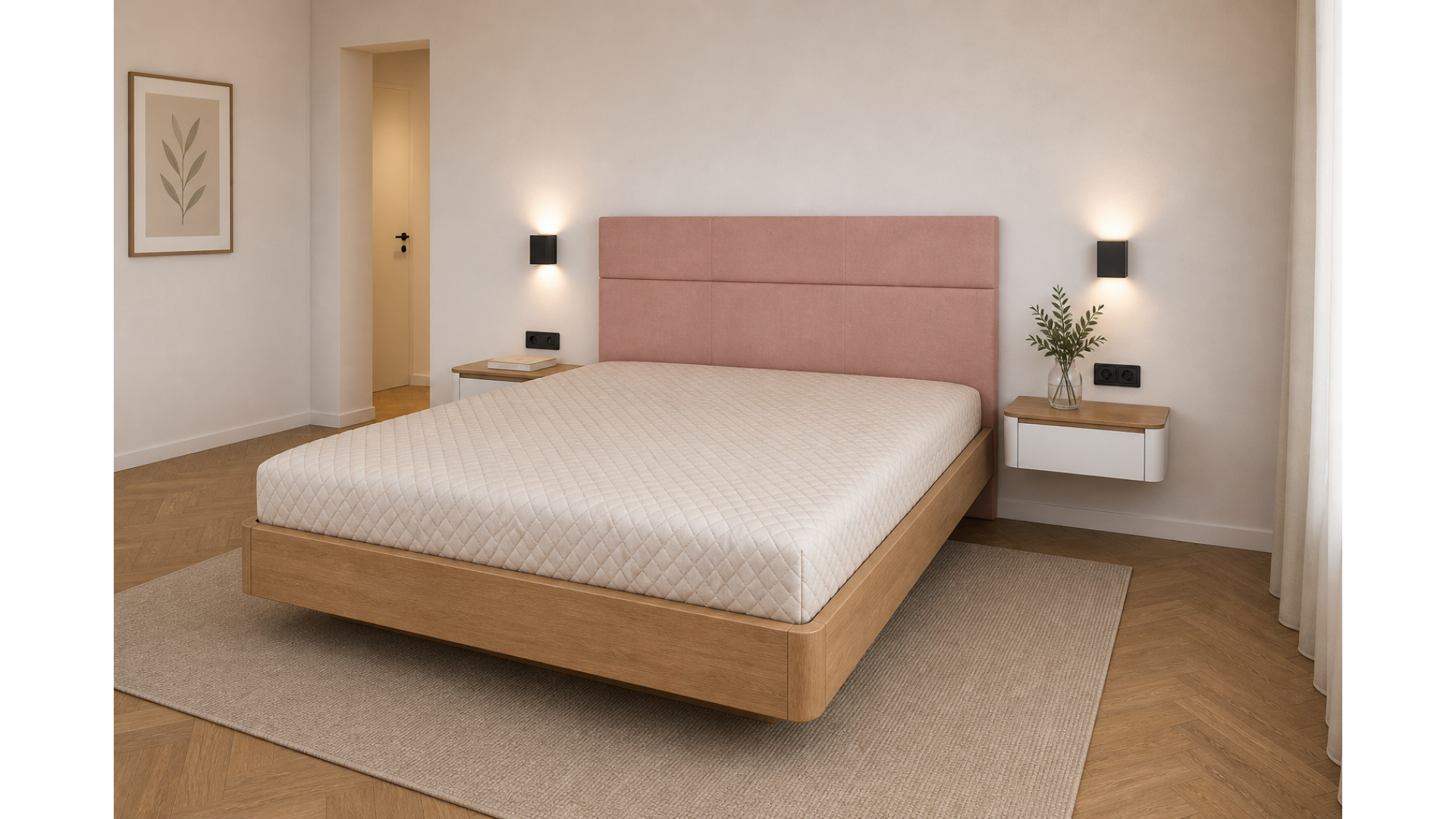 A bed with hanging cabinets